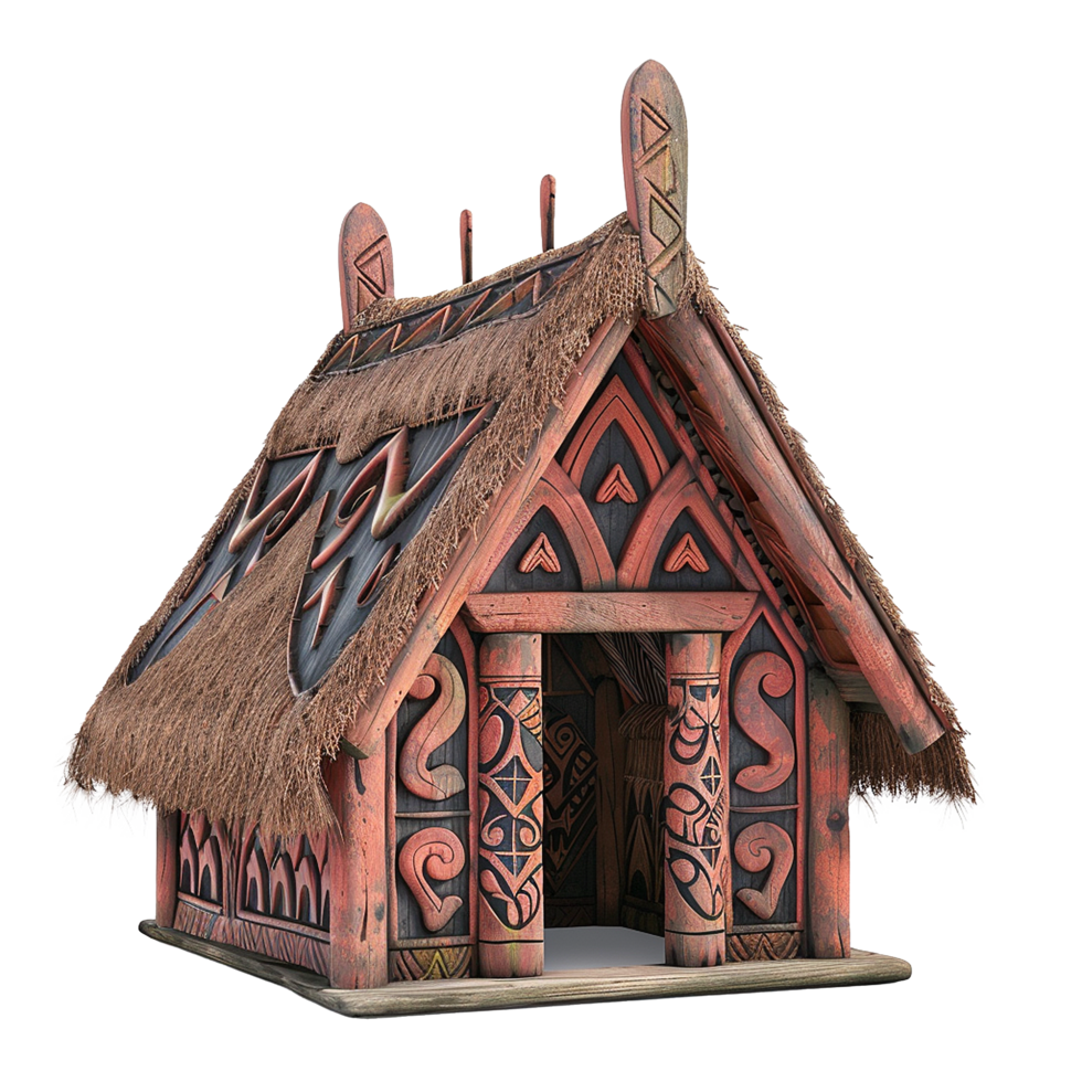 Intricate Polynesian Style Hut Model with Thatch Roof and Carved Wooden Details png