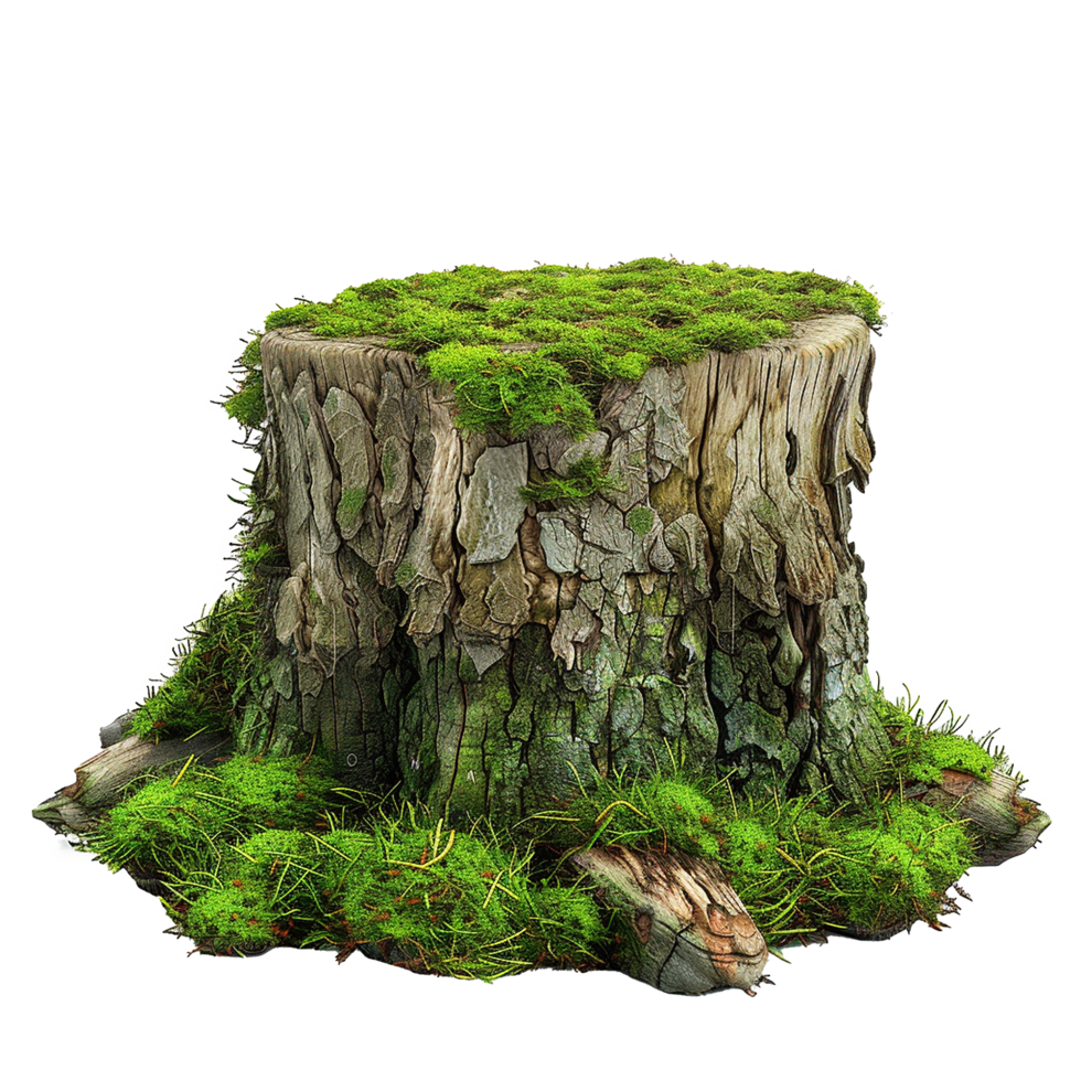 A mossy tree stump in a lush green environment, detailed texture and vibrant colors, isolated on white background, perfect for nature backgrounds or textures png