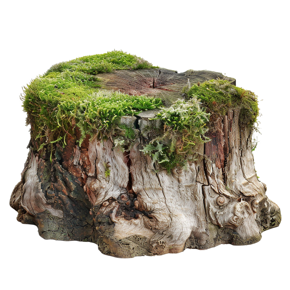 Ancient weathered tree stump covered with lush green moss png