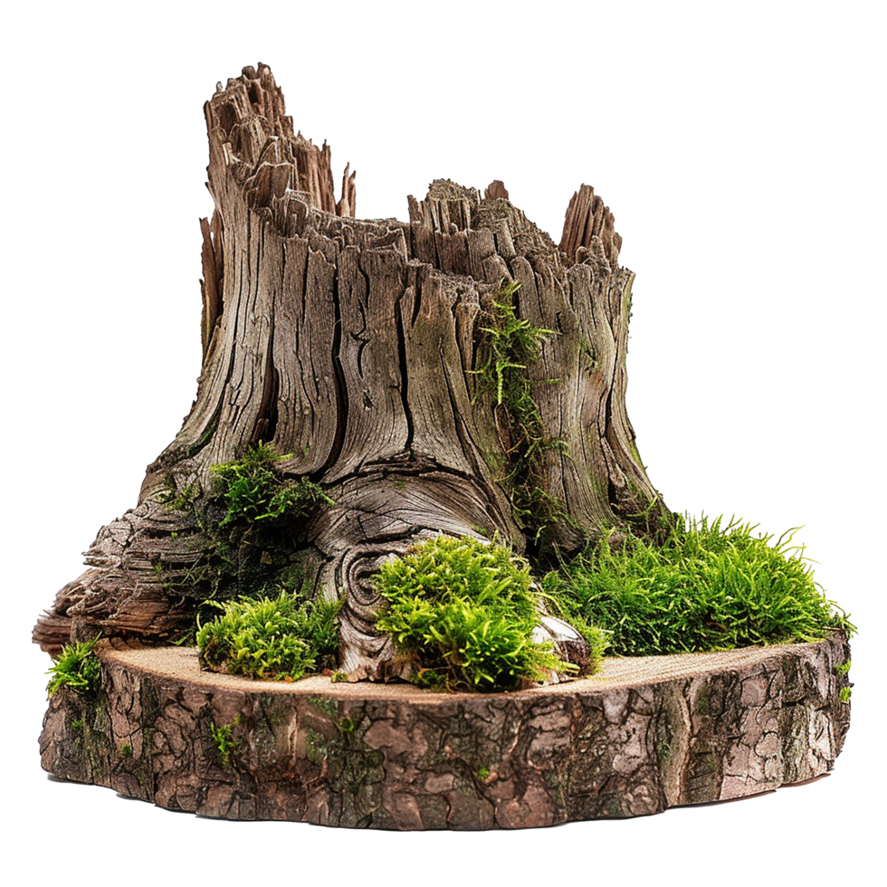 A Detailed Closeup of an Old Weathered Tree Stump Covered in Lush Green Moss png