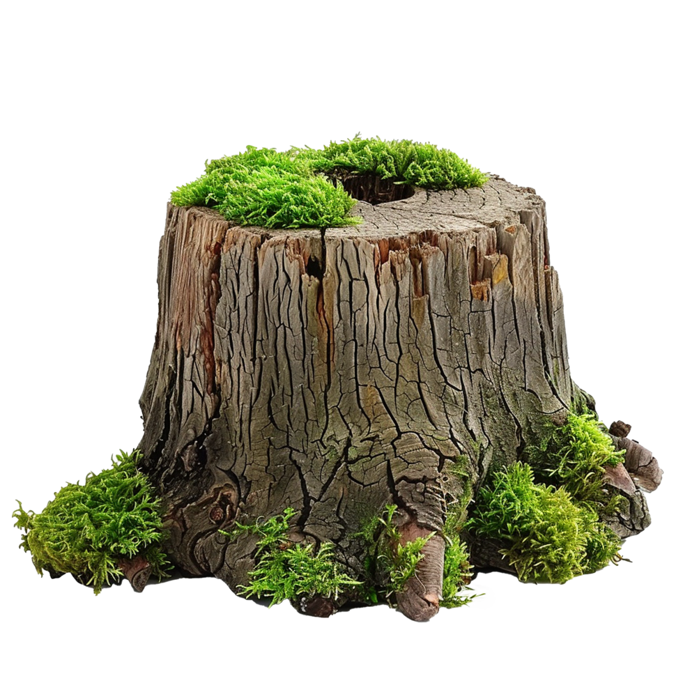 A weathered tree stump covered with vibrant green moss, showcasing the beauty of nature's resilience and decay png