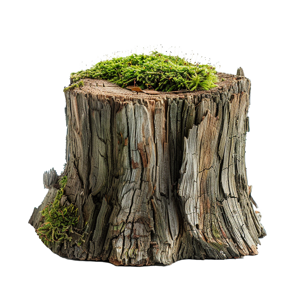 A weathered tree stump with vibrant green moss growing on top png