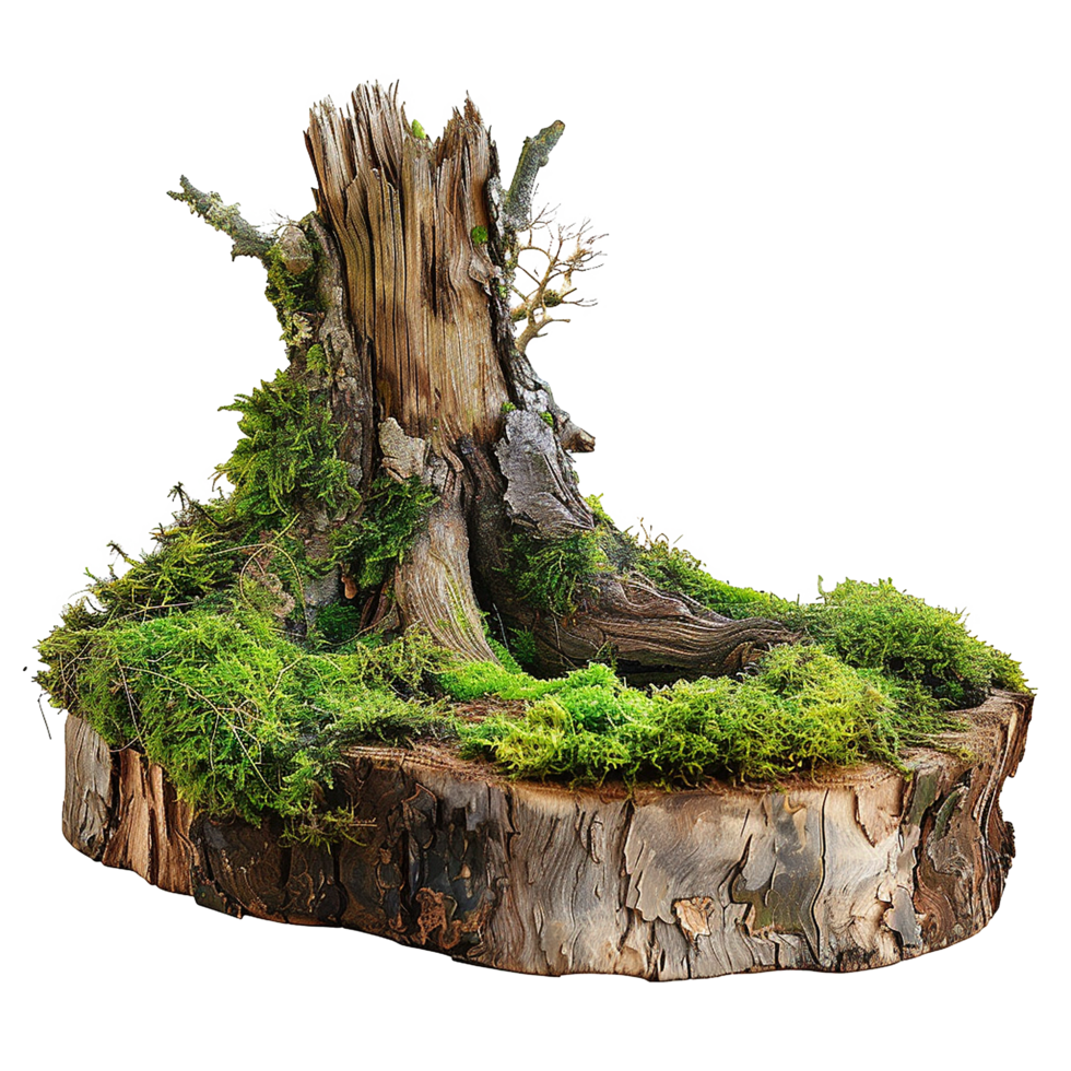 Miniature Bonsai Tree Landscape in Mossy Tree Stump Setting png