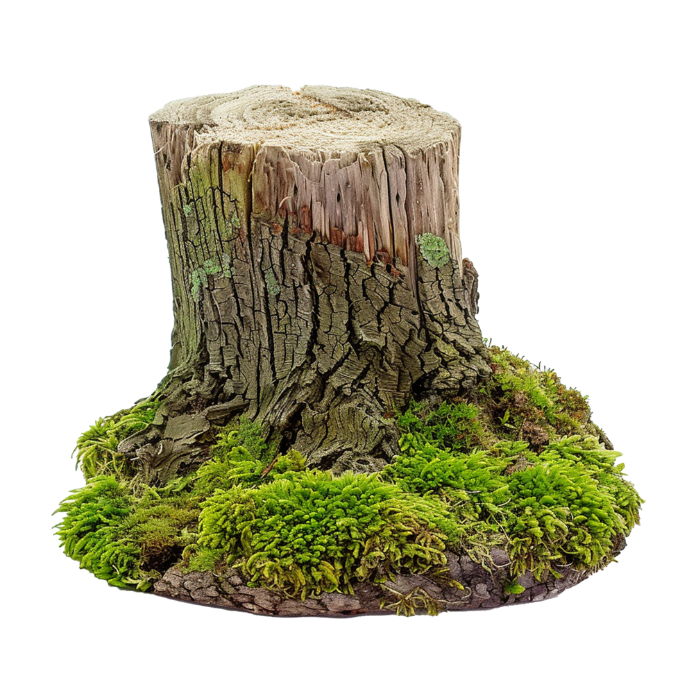 A weathered tree stump surrounded by vibrant green moss png