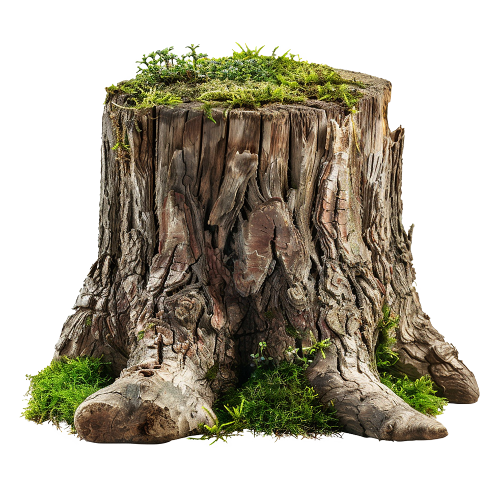 A weathered tree stump covered in vibrant green moss and small plants png