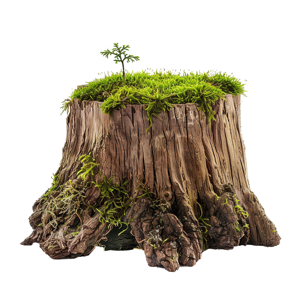 Ancient Tree Stump with Moss and Tiny Sapling a Symbol of Rebirth and Nature's Resilience png