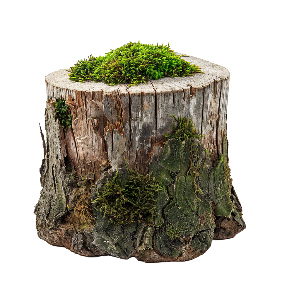 A weathered tree stump covered in lush green moss, perfect for terrariums or decorative displays png