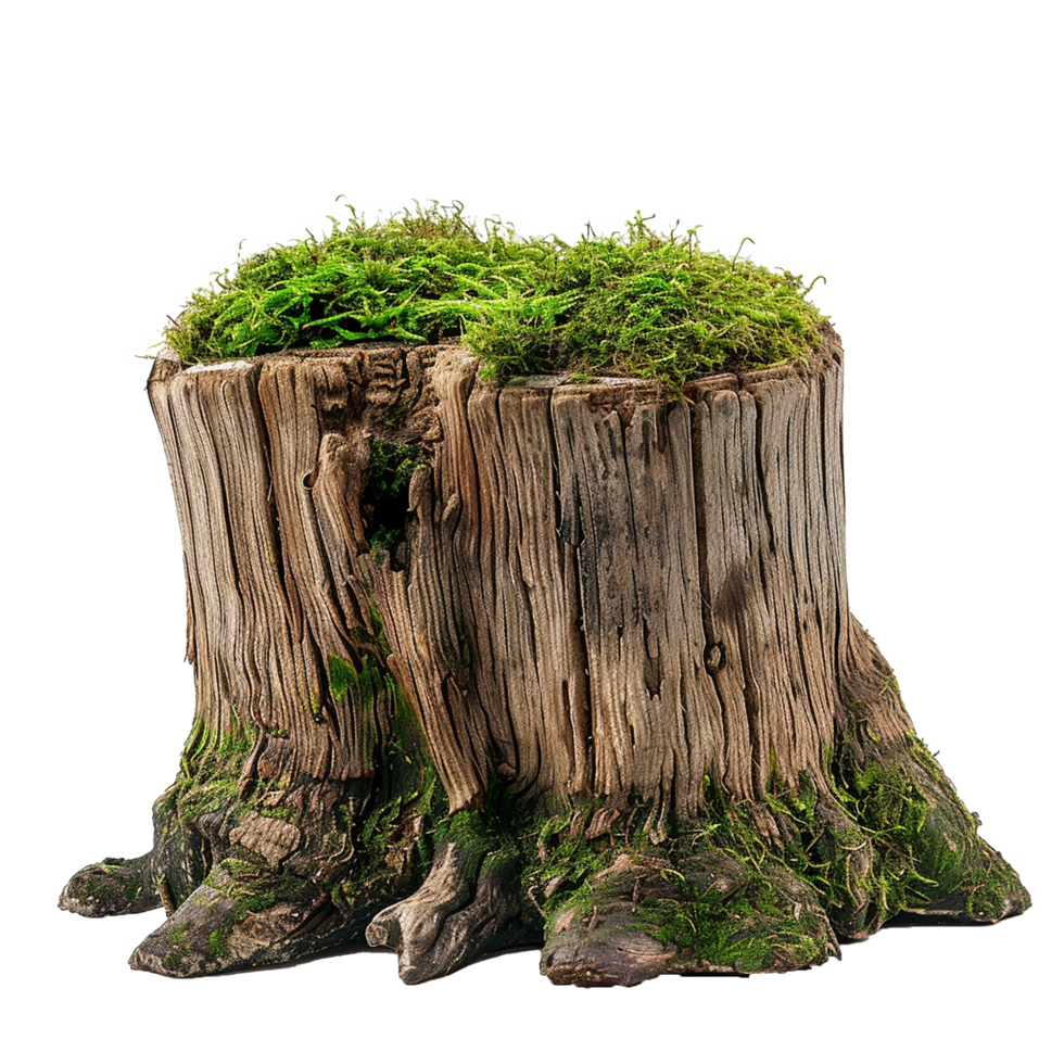 A weathered tree stump planter with lush green moss png