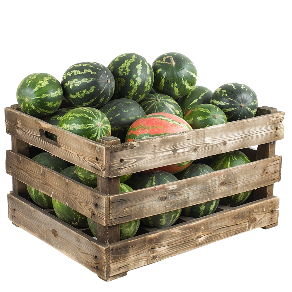 A rustic wooden crate overflowing with fresh watermelons for market png