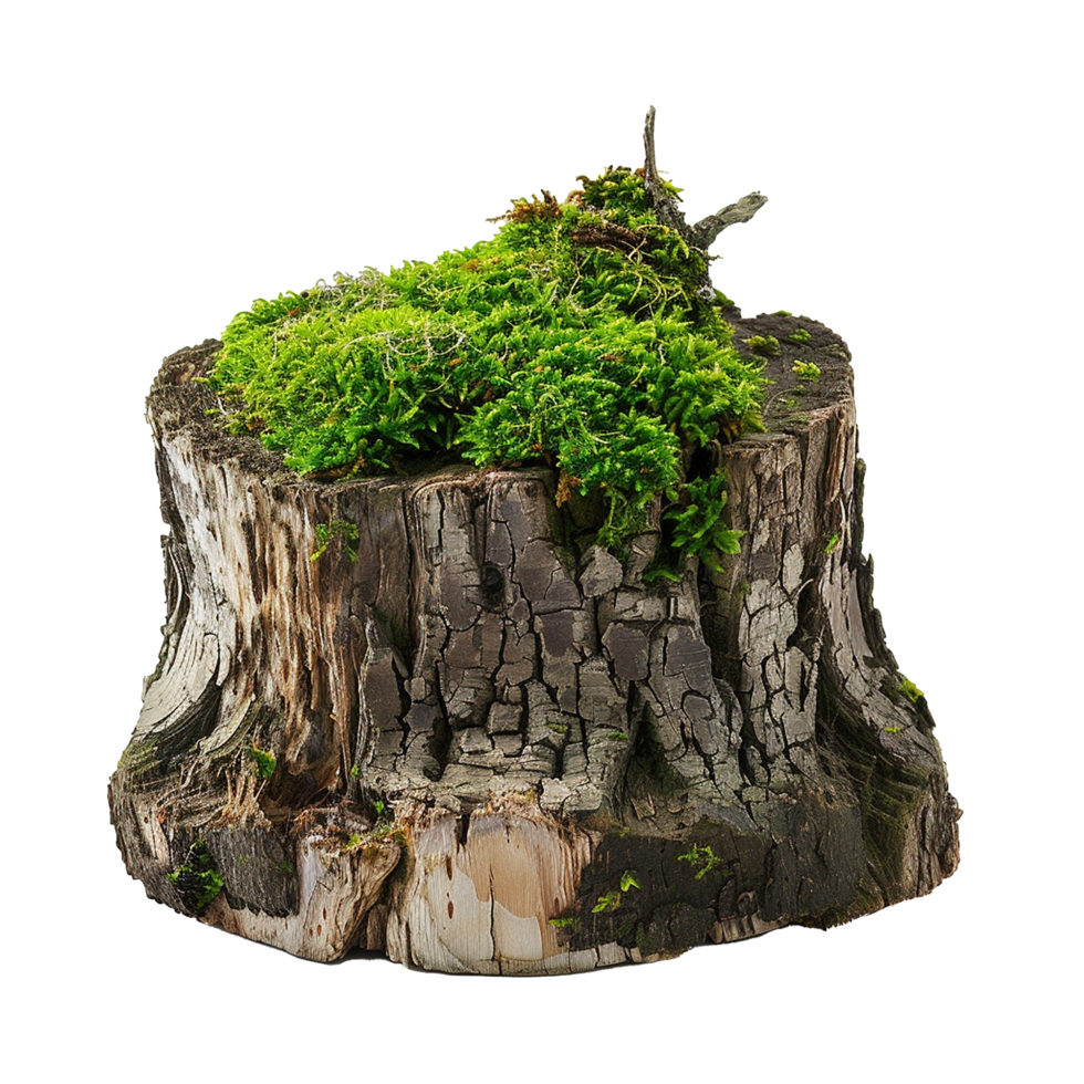 A weathered tree stump covered with vibrant green moss, showcasing the textures of nature png