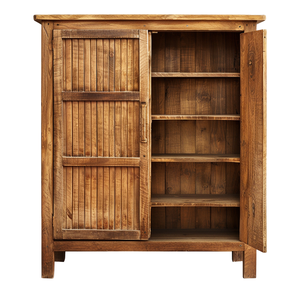 Rustic Wooden Cabinet with Open Shelves and Vertical Planked Doors png