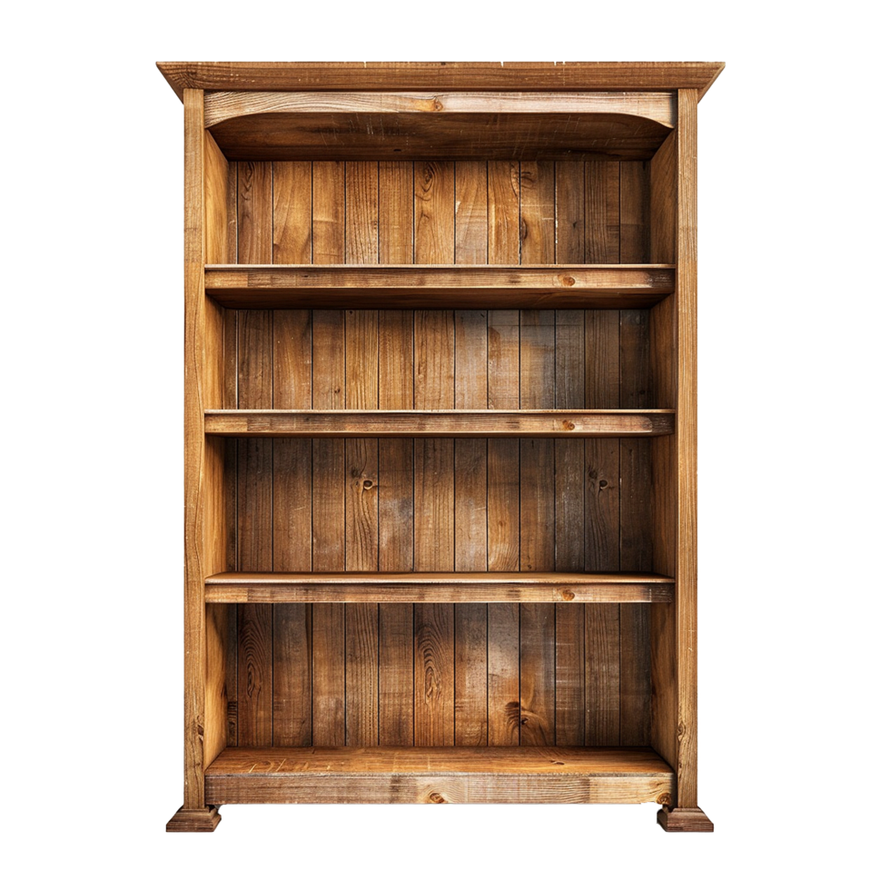 Rustic Wooden Bookcase with Three Empty Shelves Perfect for Home Decor and Storage png