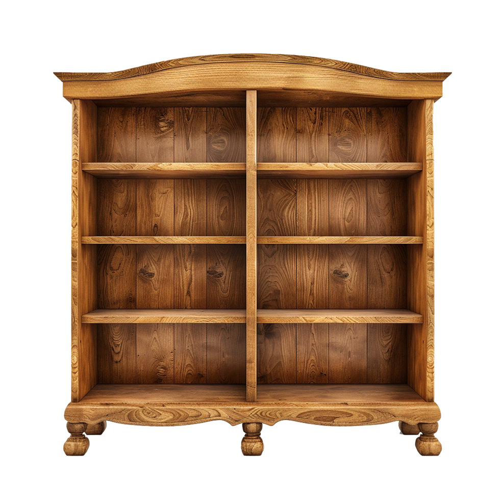 Rustic Wooden Bookcase with Six Empty Shelves and Turned Feet png