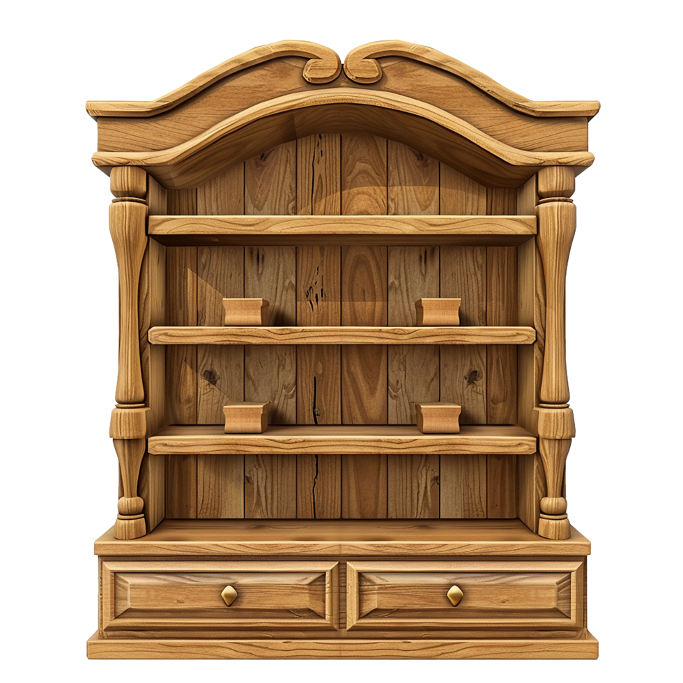 Rustic Wooden Bookcase with Three Shelves and Two Drawers png