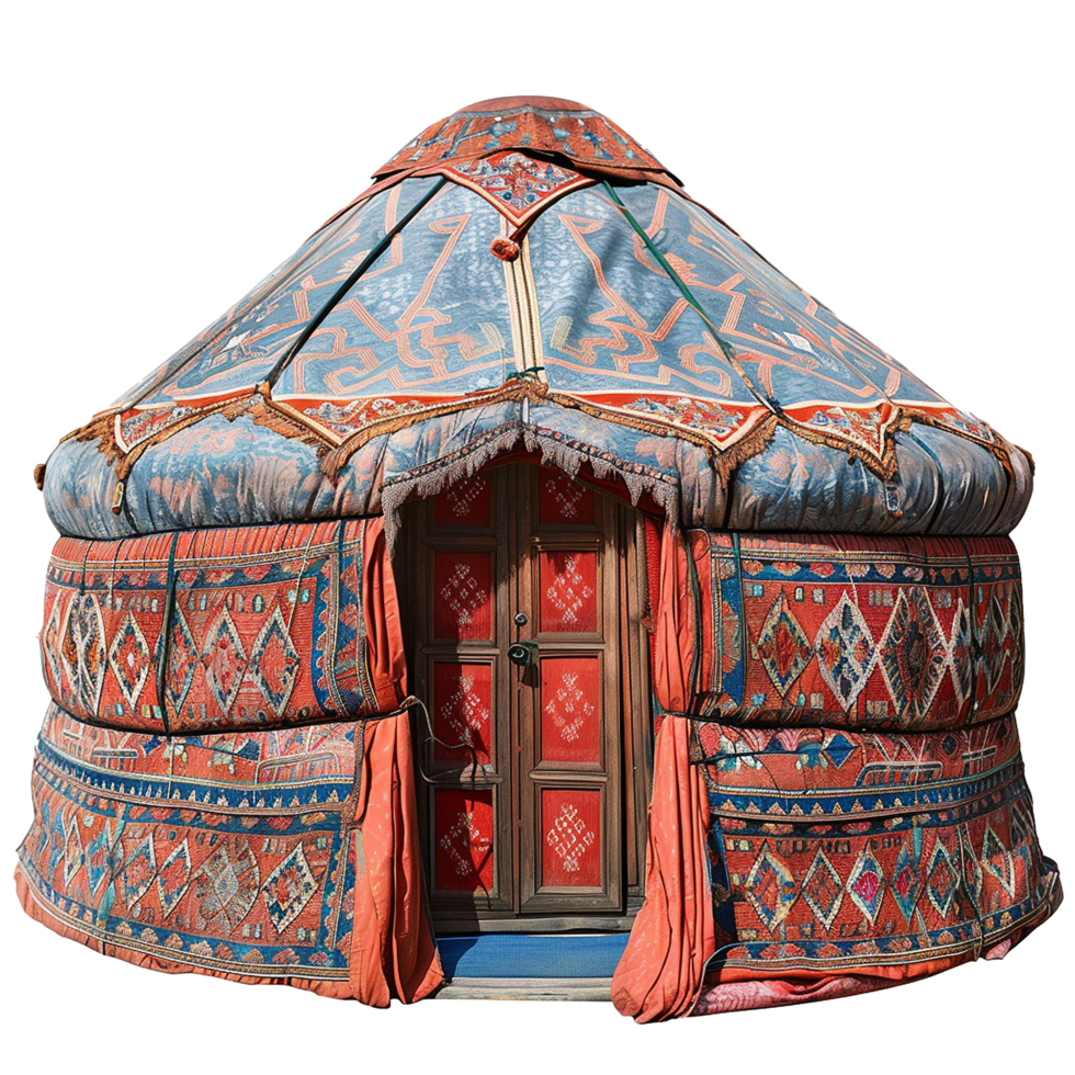 Ornate Traditional Kyrgyz Yurt with Intricate Red and Blue Textile Designs png