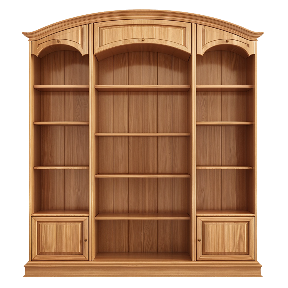 Elegant Wooden Bookcase with Arched Top and Multiple Shelves png