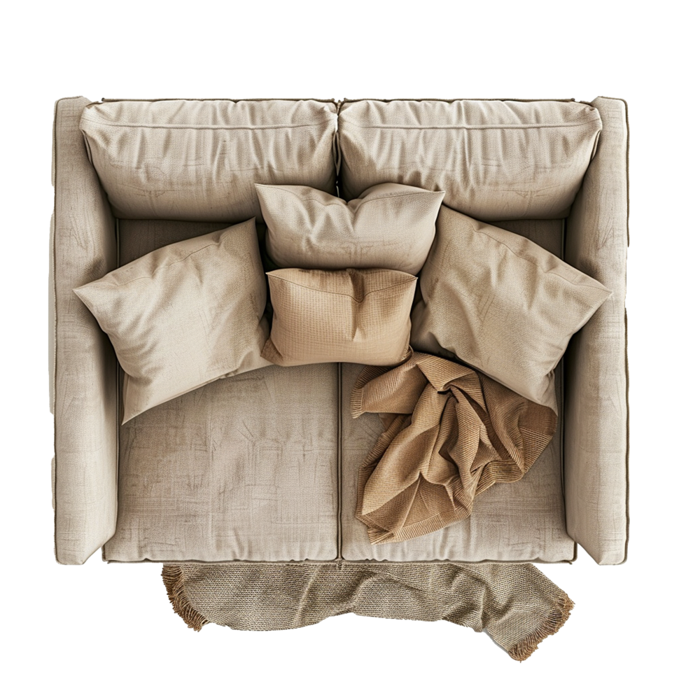 Top View of Beige Sofa with Throw Blanket and Cushions in a Modern Living Room Setting png