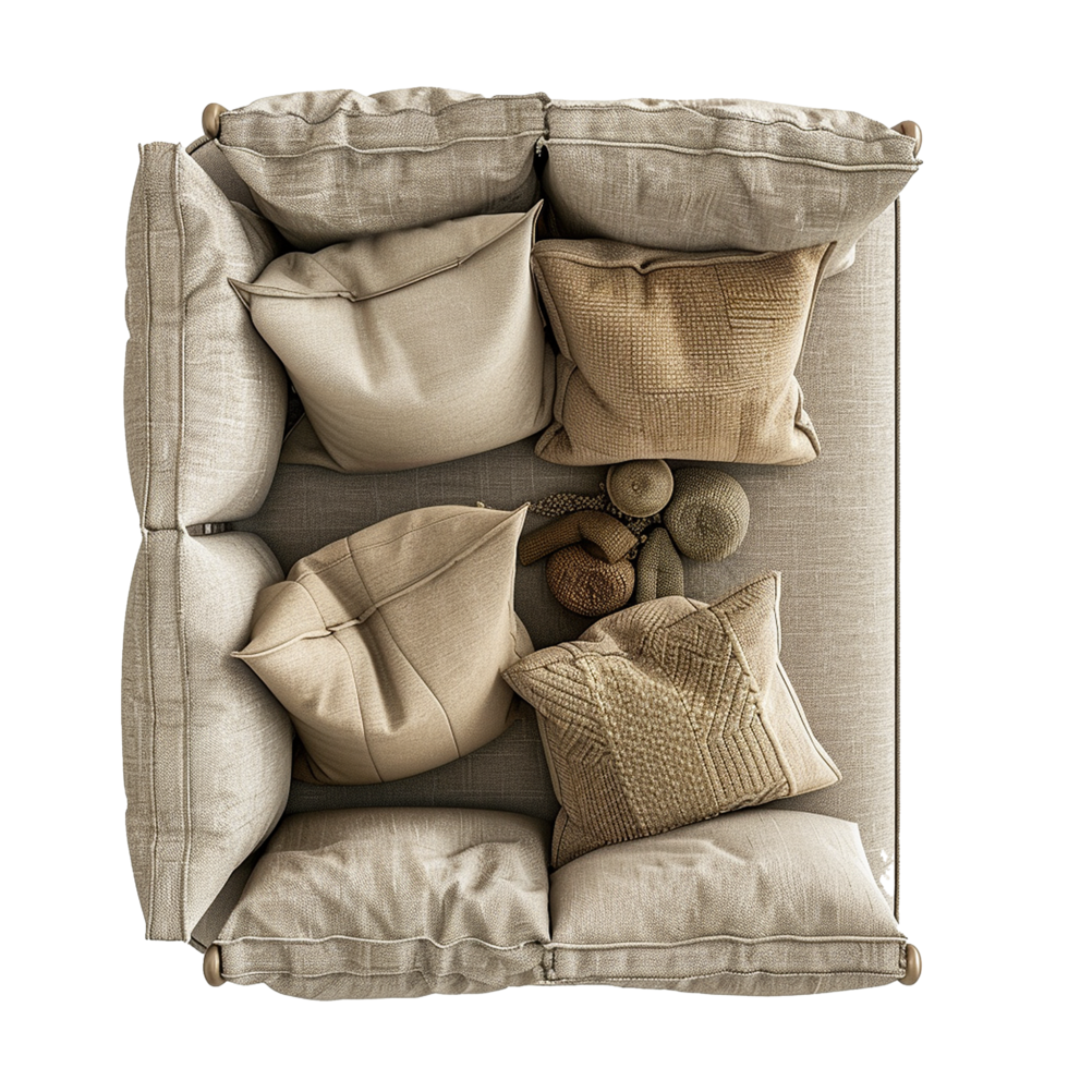 Overhead View of a Square Beige Sofa with Numerous NeutralToned Pillows and Decorative Objects png