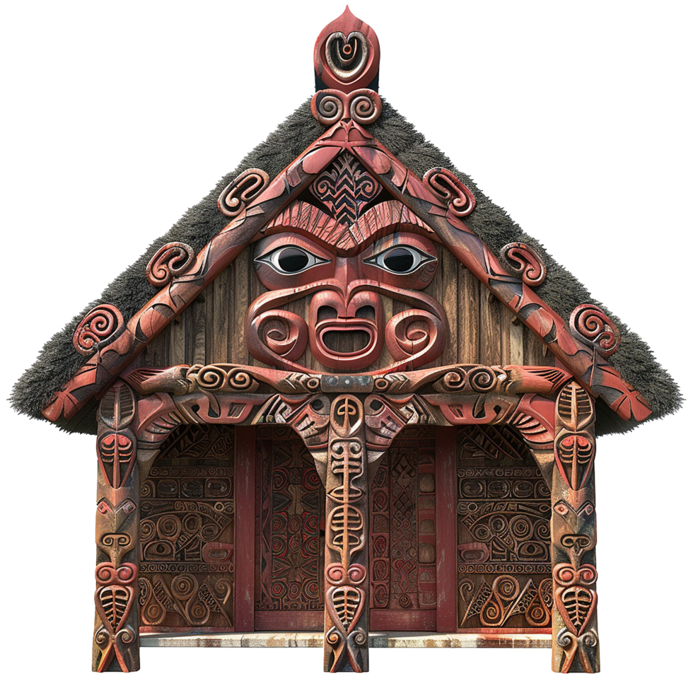 Intricate Maori Carved House Front Exterior Design with Red and Brown Wooden Panels and Thatched Roof png