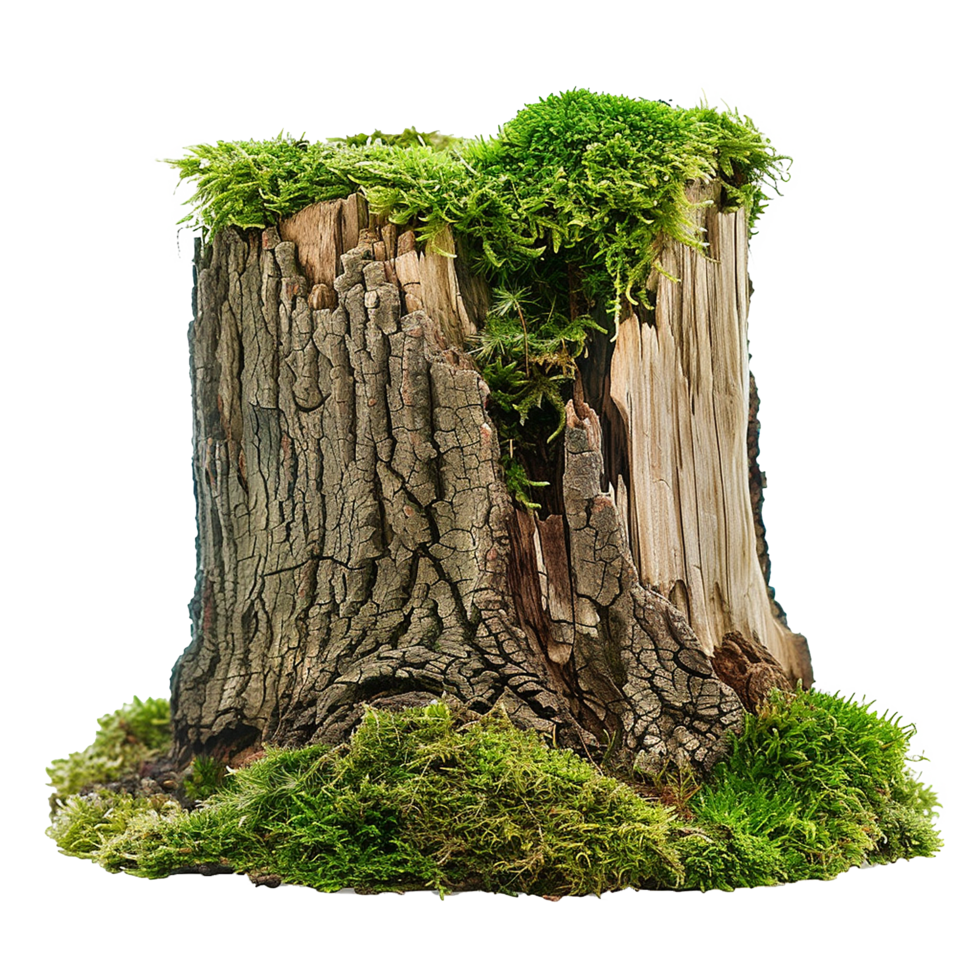A weathered tree stump covered in vibrant green moss, isolated on white background showing detailed texture png