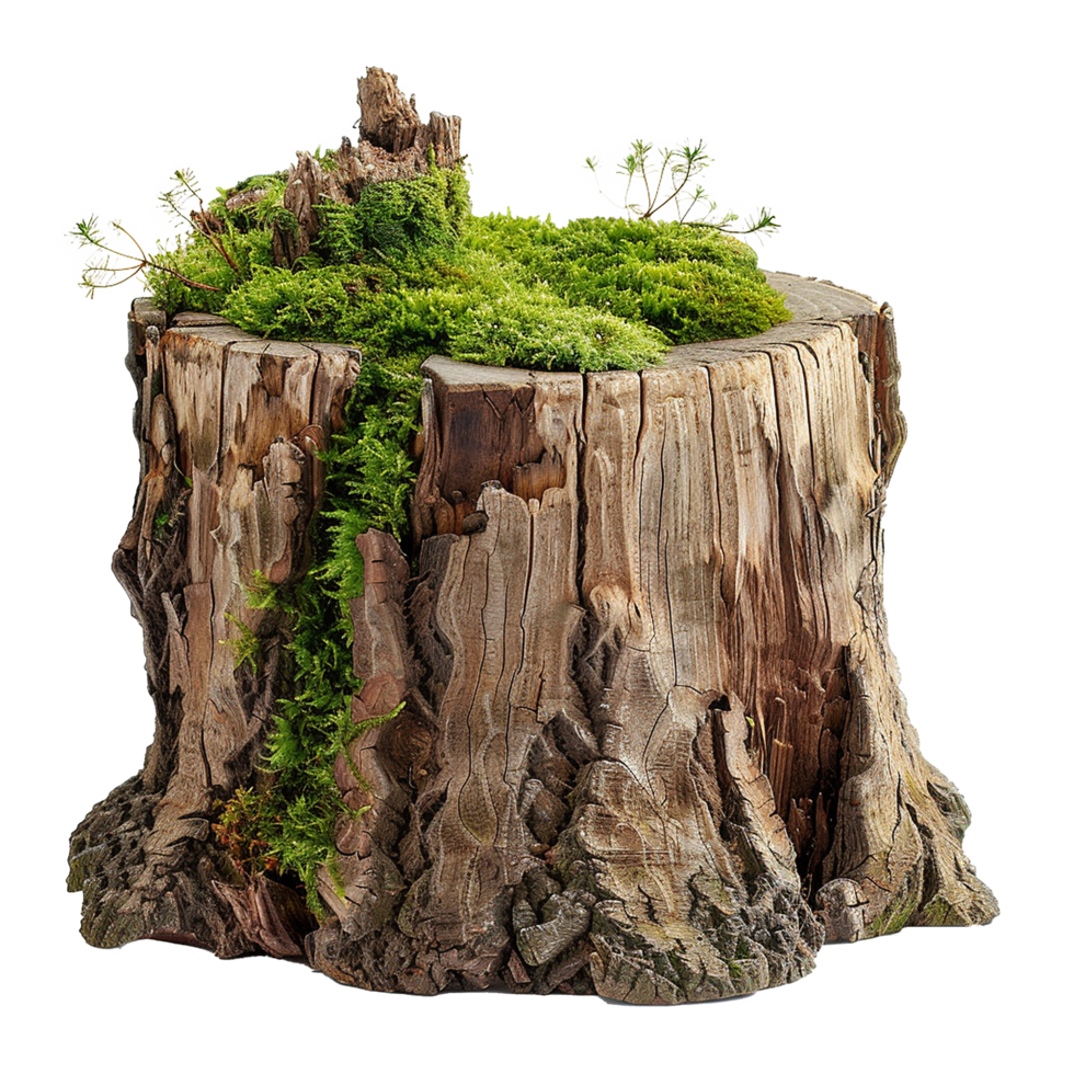 Ancient Tree Stump Planter with Lush Green Moss and Tiny Pine Saplings png