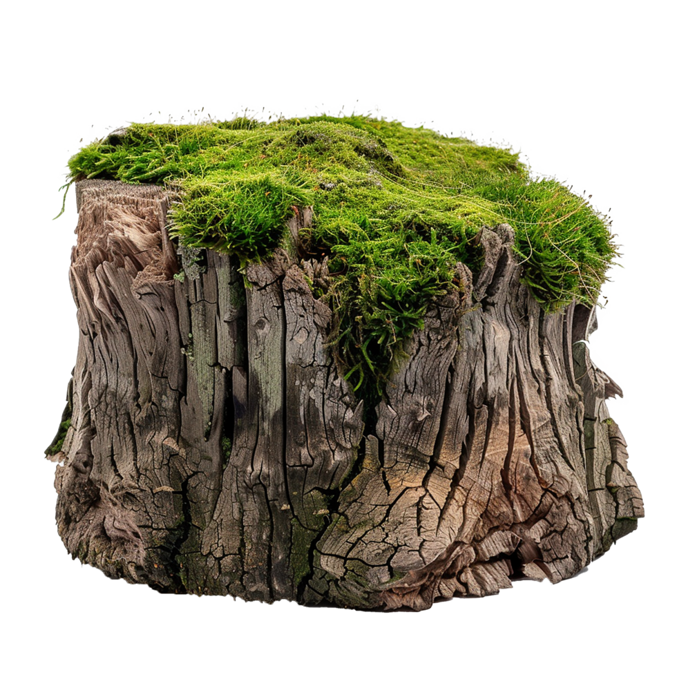A weathered tree stump covered in vibrant green moss, showcasing nature's resilience and the beauty of decay png