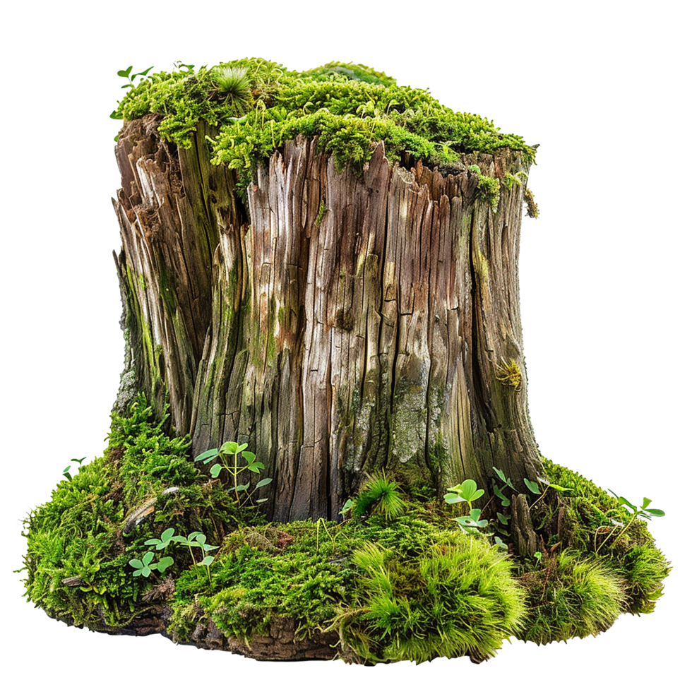 A weathered tree stump covered in lush green moss and small plants png