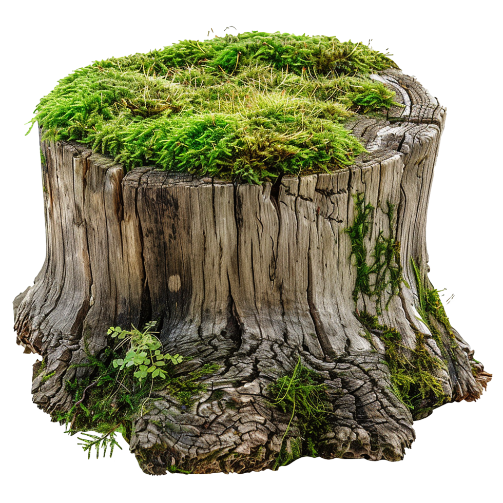 Ancient Tree Stump Covered with Lush Green Moss and Small Plants png
