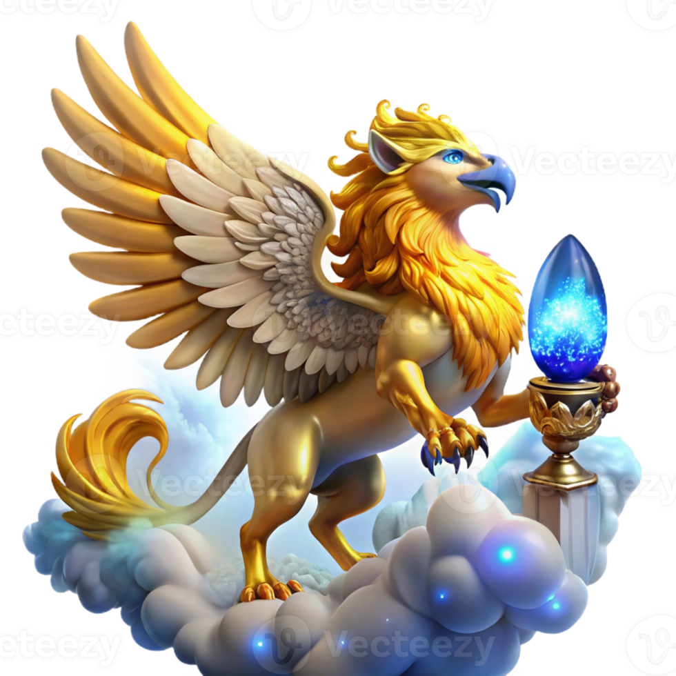 wonderful minimalist A majestic griffin with golden feathers and piercing blue eyes soaring through a swirling nebula, carrying a jeweled chalice. Cosmic lighting. Art Deco style premium png