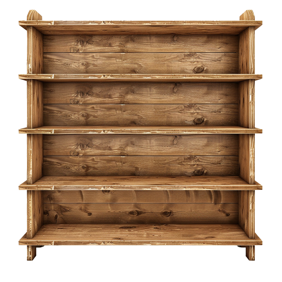 Rustic Wooden Shelving Unit with Four Empty Shelves Perfect for Display or Storage png