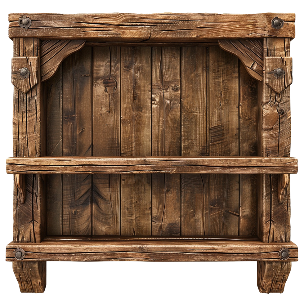 Rustic Wooden Wall Shelf with Two Shelves and Metal Accents for Home Decor png