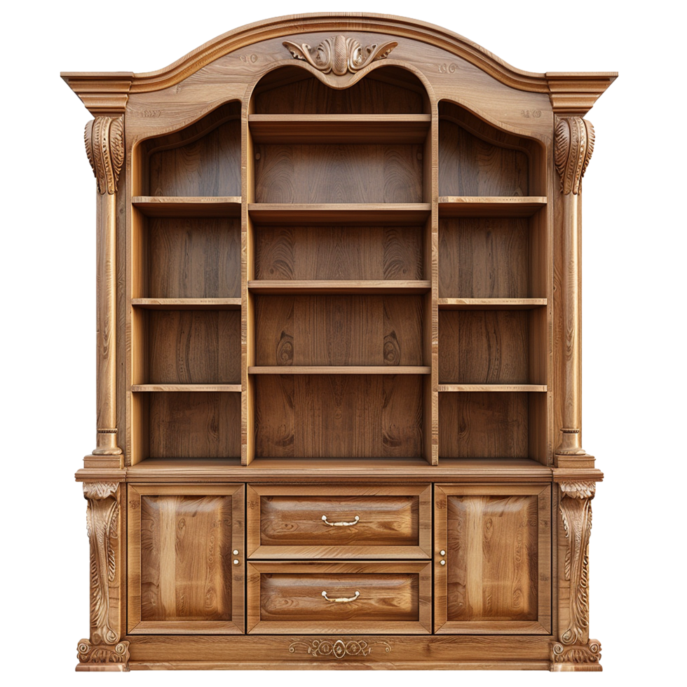 Elegant Wooden Bookcase with Intricate Carvings and Multiple Shelves png