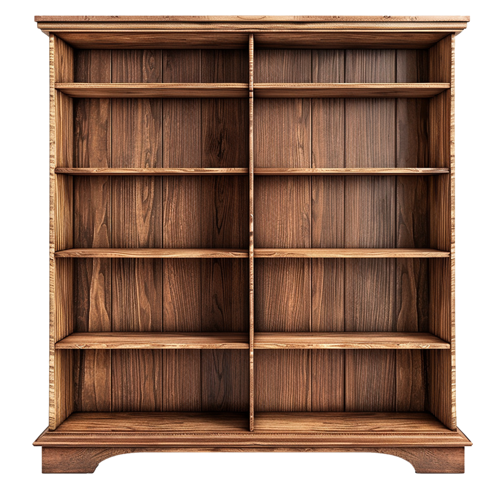 A Large Empty Wooden Bookcase with Multiple Shelves Ready for Organization png