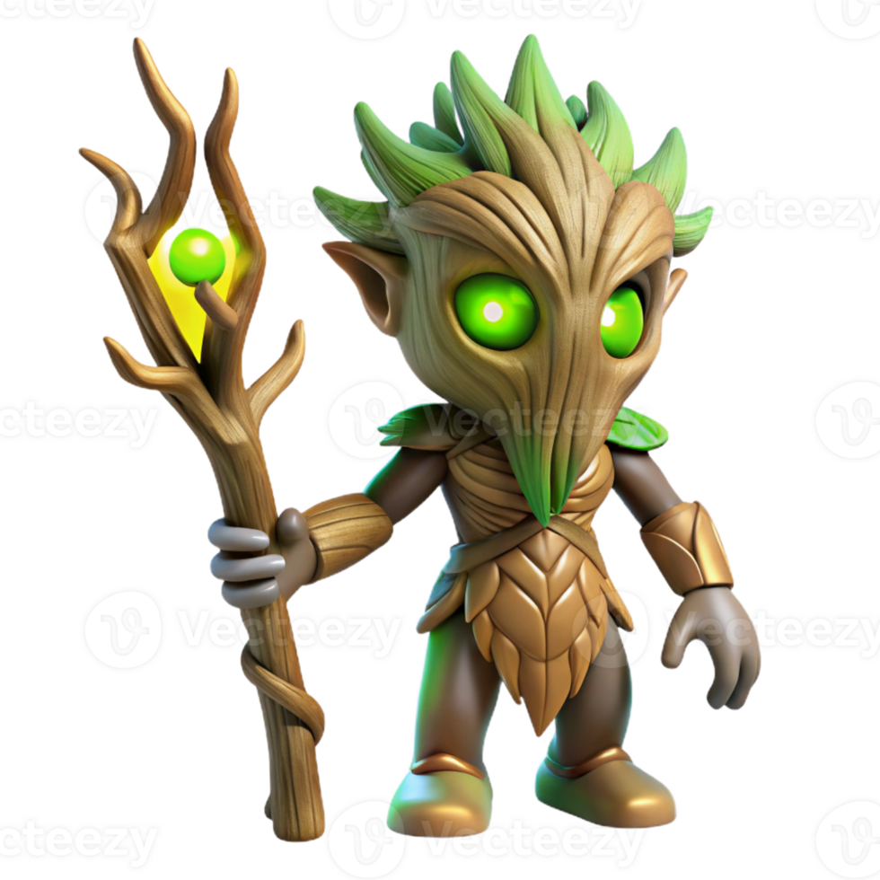 wonderful abstract A stoic tree ent with bark-like skin and glowing green eyes, holding a staff made of twisted branches, illuminated by dappled sunlight. Realistic style original png