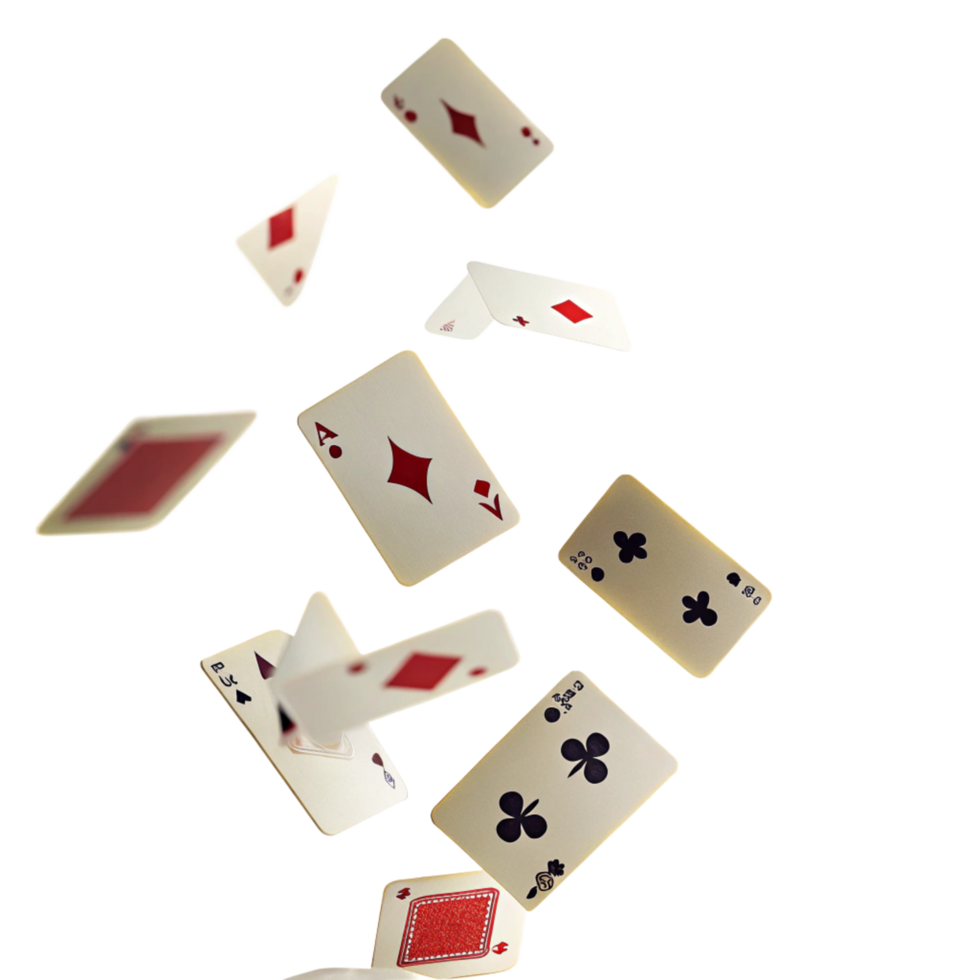 Multiple playing cards falling in the air against a black background png