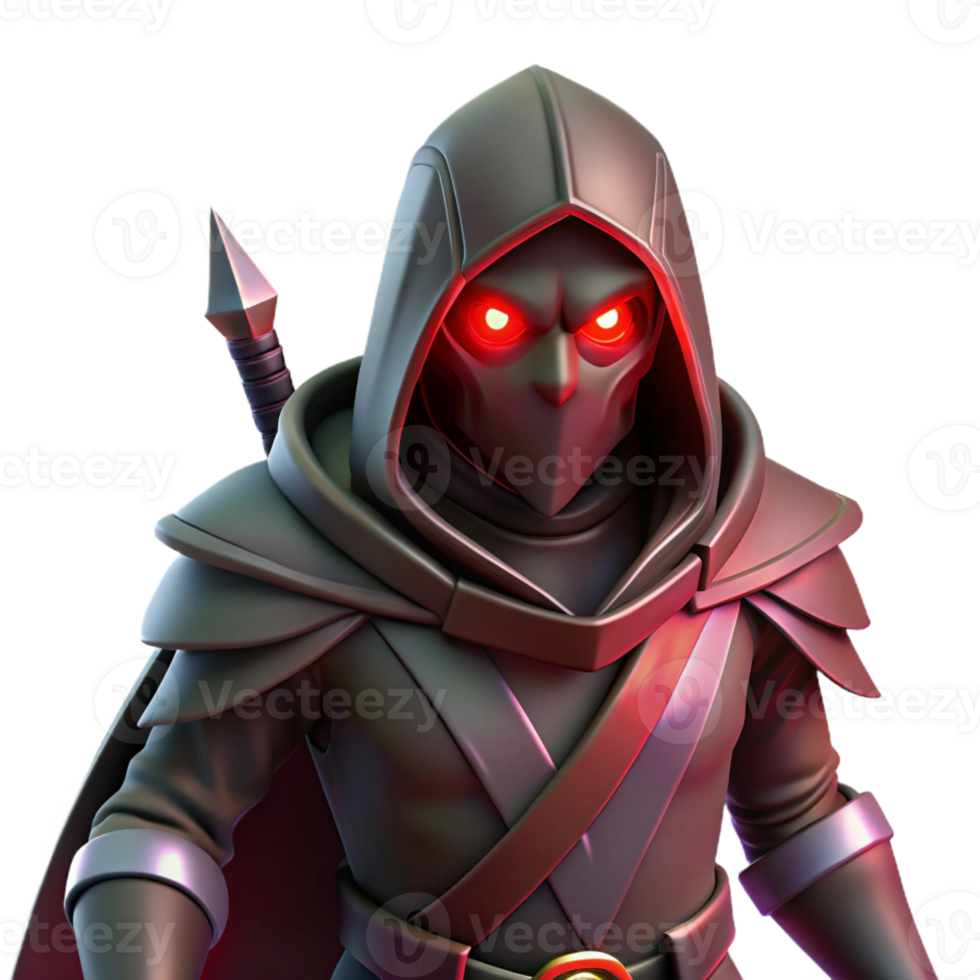 dramatic classic A shadowy assassin with glowing red eyes and a hooded cloak, wielding twin daggers, illuminated by a sliver of moonlight. Chiaroscuro lighting. Dark fantasy style authentic png