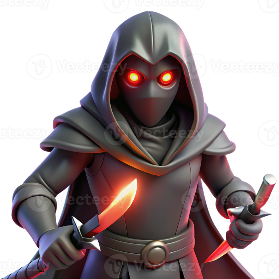 stunning traditional A shadowy assassin with glowing red eyes and a hooded cloak, wielding twin daggers, illuminated by a sliver of moonlight. Chiaroscuro lighting. Dark fantasy style high quality png
