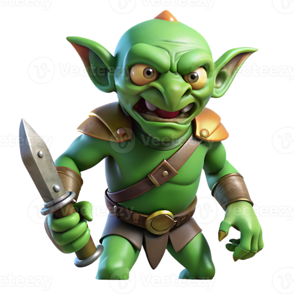 serene traditional A grotesque goblin with warty green skin and sharp teeth, clutching a rusty dagger. Harsh, shadowy lighting. Gothic style high resolution png