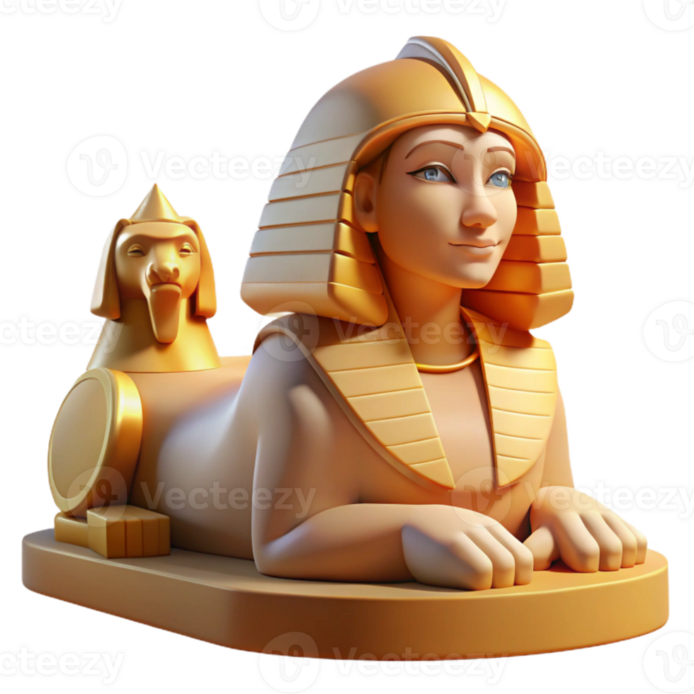 wonderful vintage A mysterious sphinx with the body of a lion and the head of a woman, gazing enigmatically into the distance. Golden hour lighting. Egyptian art style detailed png