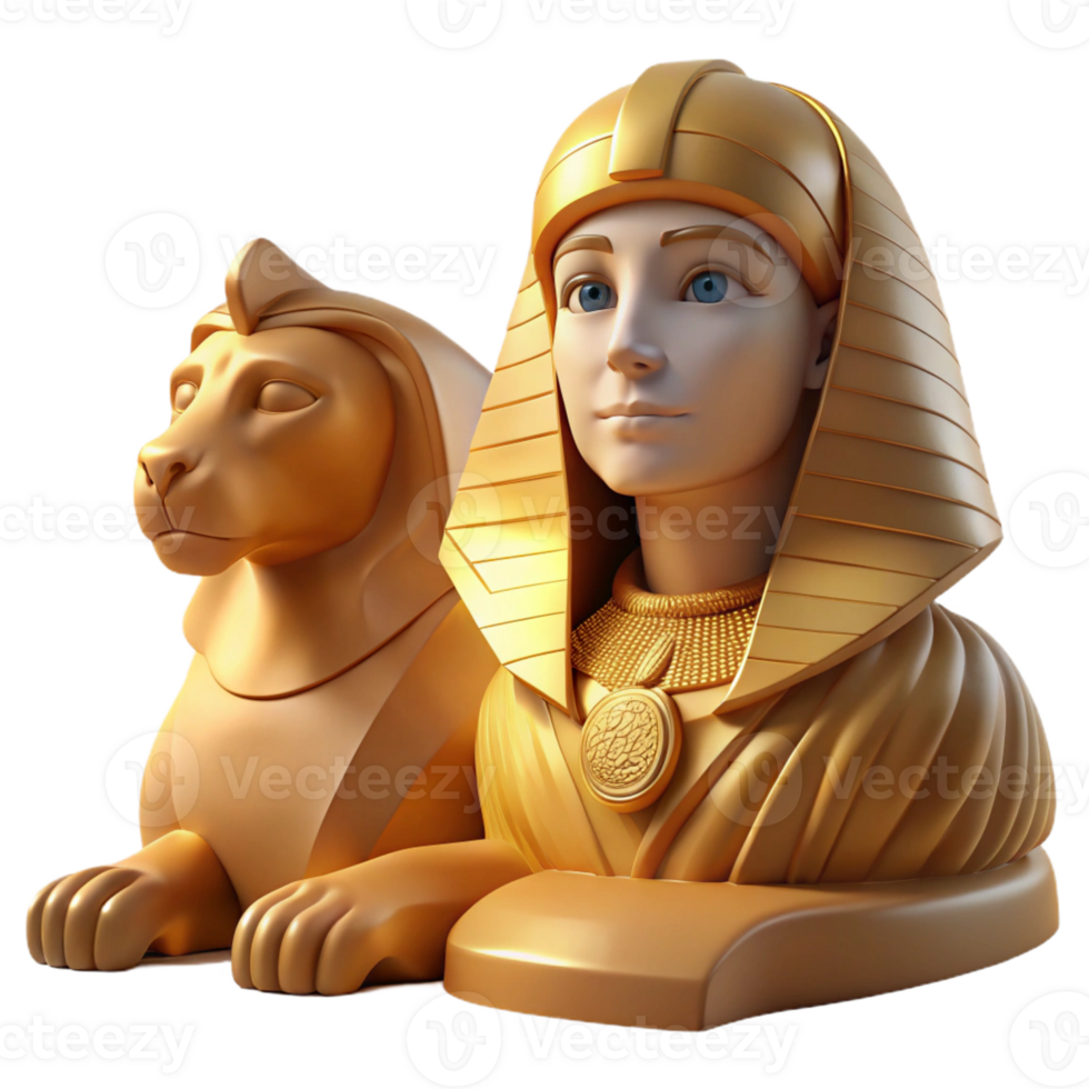 stunning modern A mysterious sphinx with the body of a lion and the head of a woman, gazing enigmatically into the distance. Golden hour lighting. Egyptian art style 4K png