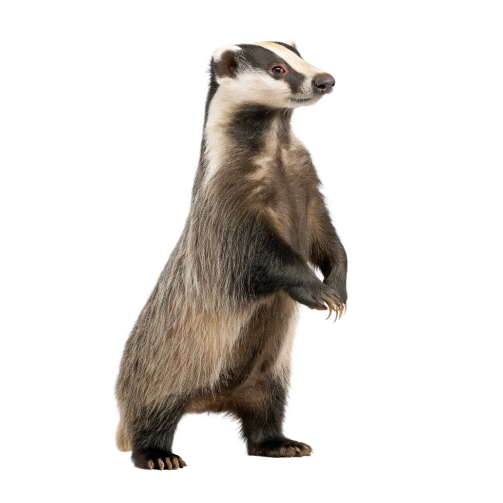A European Badger Standing on Its Hind Legs Against a Black Background png