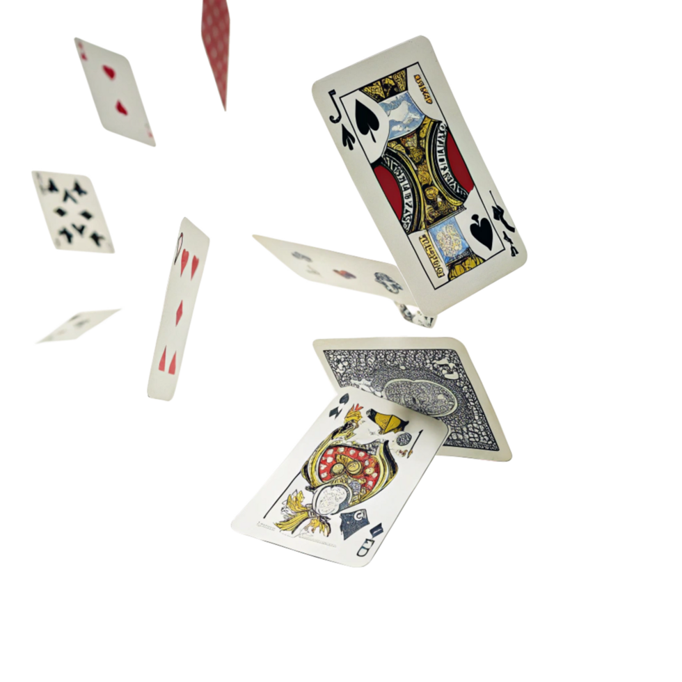Multiple Playing Cards Falling Through the Air in a Dark Background png
