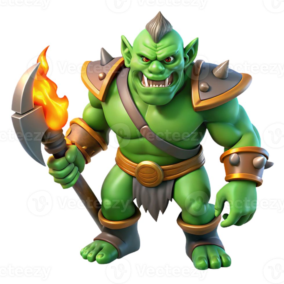 magnificent creative A fierce orc warrior with green skin and tusks, wielding a massive battleaxe. Dramatic, fiery lighting. Realistic style original png