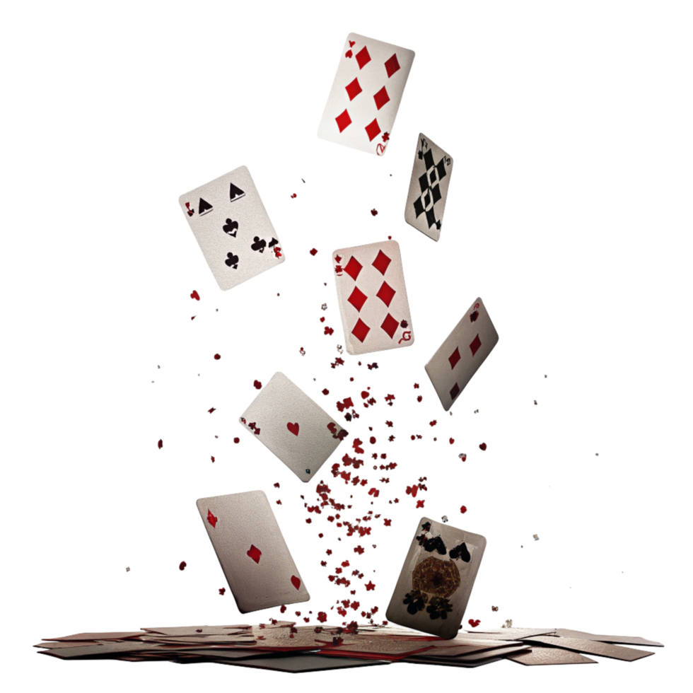Falling Playing Cards Dramatic Scene with Red Splashes and Dark Background png