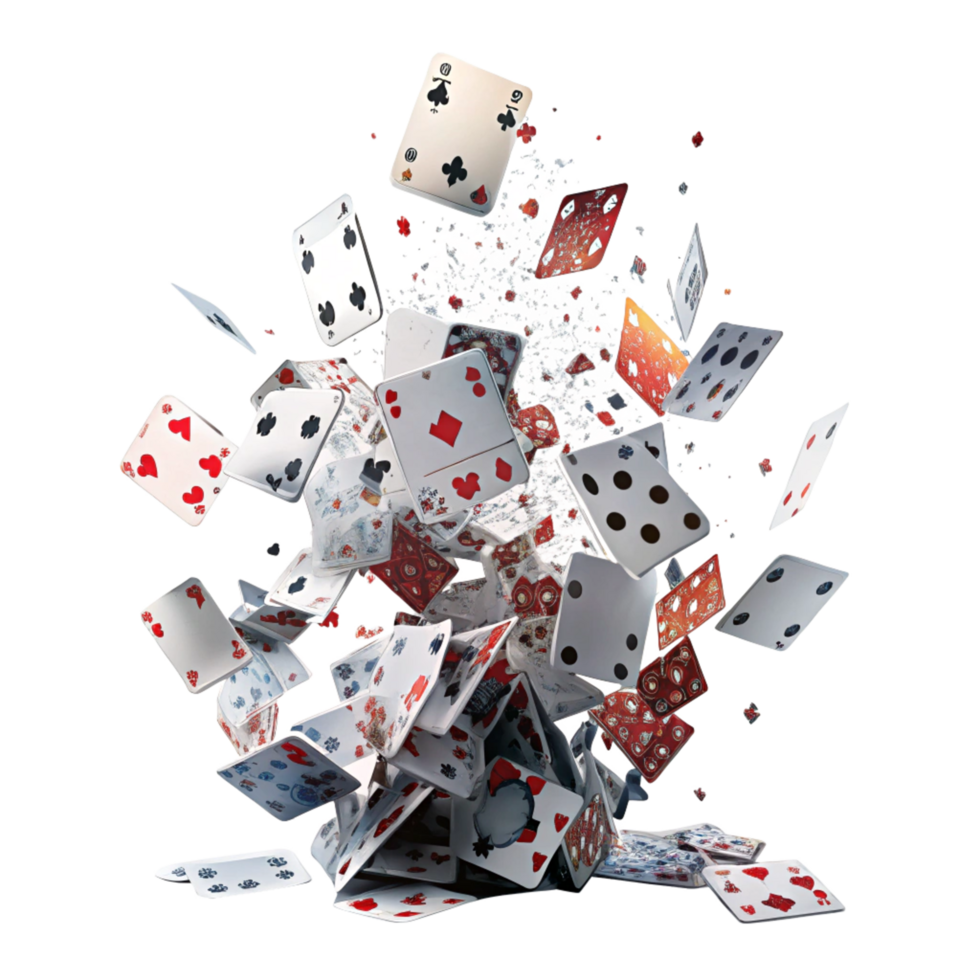 A chaotic explosion of playing cards flying through the air in a dynamic 3D render png