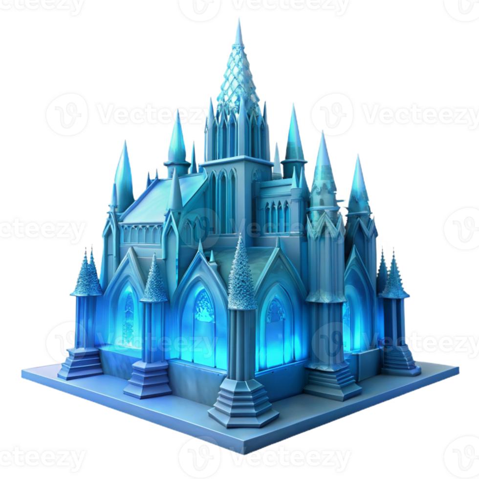 extraordinary rustic Gothic cathedral made of ice, intricate carvings, ethereal blue light emanating from within, hyperrealistic, ray tracing premium png