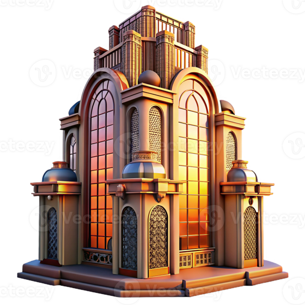 magnificent rustic Art Nouveau skyscraper with intricate floral facades, stained glass windows, bathed in warm sunset light, highly detailed, Art Deco influences professional png
