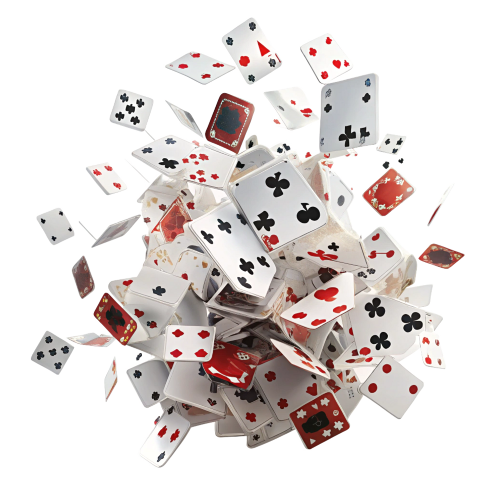 A chaotic explosion of playing cards in midair, a flurry of suits and numbers png