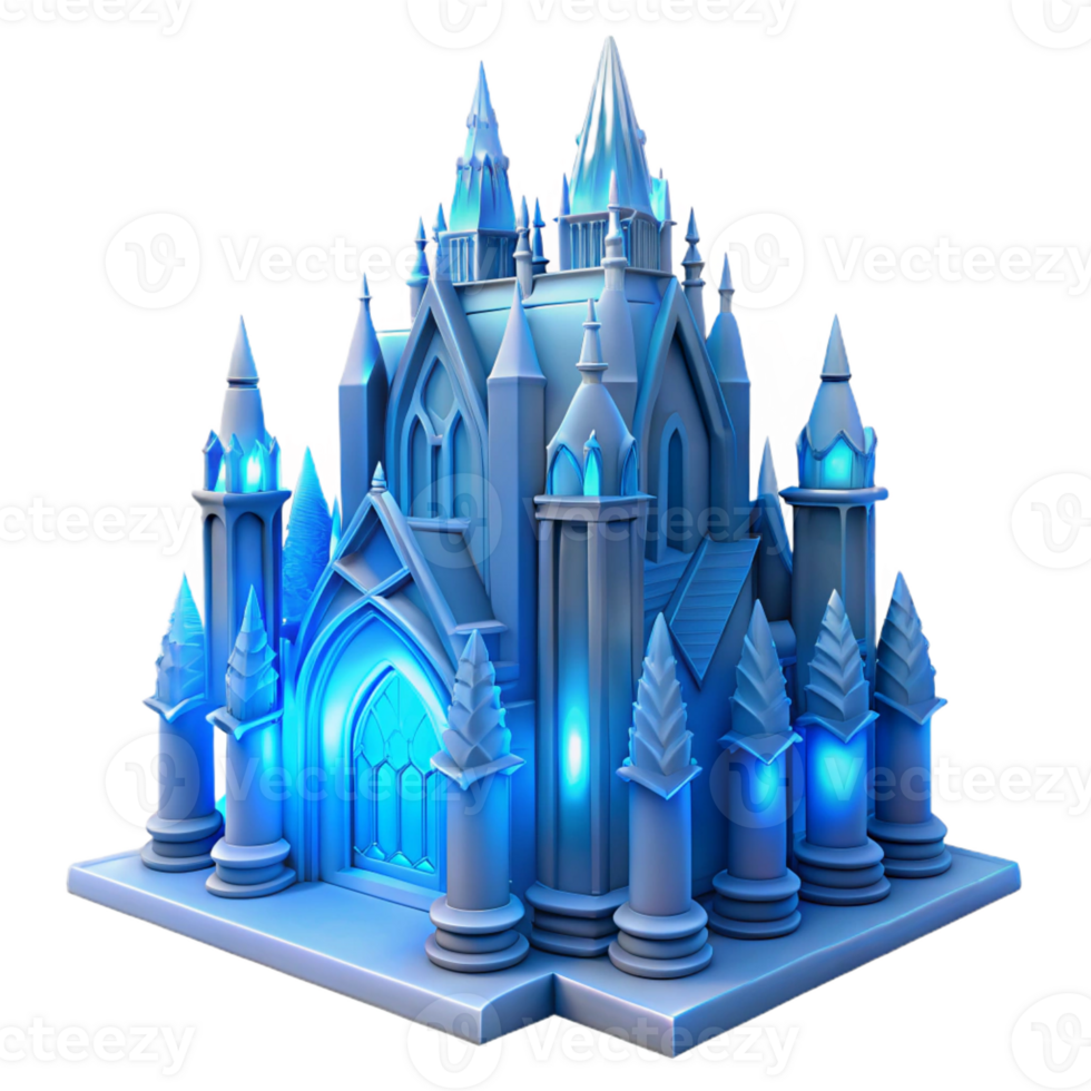 extraordinary creative Gothic cathedral made of ice, intricate carvings, ethereal blue light emanating from within, hyperrealistic, ray tracing premium png
