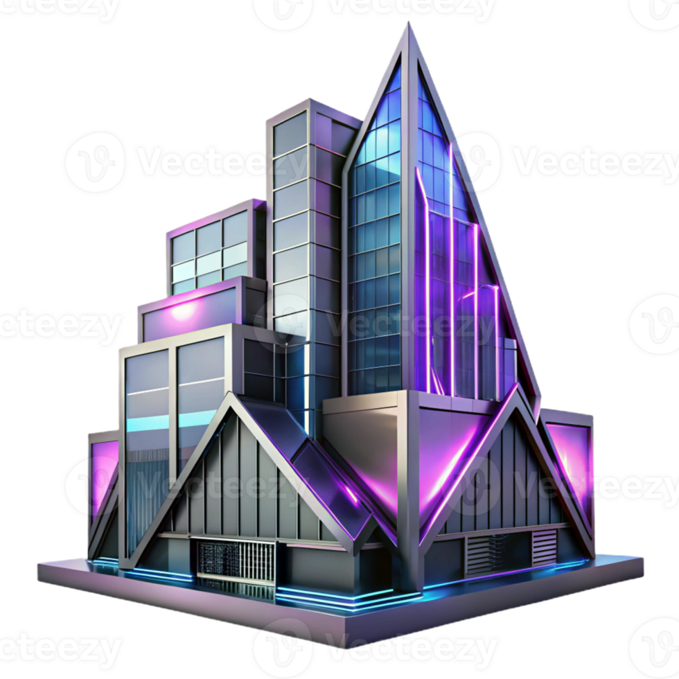 vibrant vintage Deconstructivist office building with sharp angles, metallic surfaces, reflecting a neon cityscape at night, cyberpunk style exclusive png